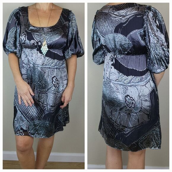 🔹️Steve Madden Sage & Gray Silk Ruffled Balloon Sleeve Dress Size 8 - Picture 2 of 15